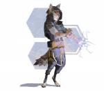 abstract_background anthro bandage barefoot biped brown_body brown_fur clothed clothing digitigrade electricity feet fur hexagon hood male solo standing remulle_(artist) tukamos_(character) canid canine canis coyote mammal hi_res