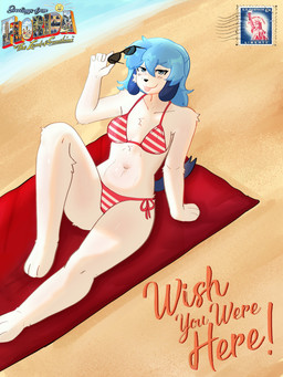 3_toes 5_fingers anthro beach bikini black_nose blep blue_eyes blue_hair blush clothing day eyewear feet female fingers floppy_ears florida fur glasses hair looking_at_viewer navel outside pattern_bikini pattern_clothing pattern_swimwear postcard reclining relaxing solo striped_bikini striped_clothing striped_swimwear stripes sunbathing sunglasses swimwear text toes tongue tongue_out towel two-piece_swimsuit water white_body white_fur cheems_gin microwave_(artist) powa_(cheems_gin) canid canine canis domestic_dog mammal 3:4 absurd_res english_text hi_res signature