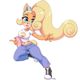 5_fingers anthro blonde_hair blue_eyes bottomwear breasts clothing computer electronics eyewear eyewear_on_head female fingers footwear goggles goggles_on_head hair holding_object laptop lipstick long_hair makeup midriff open_mouth open_smile orange_body pants ponytail shirt simple_background smile solo tongue topwear white_background simmsyboy activision crash_bandicoot_(series) coco_bandicoot bandicoot mammal marsupial 1:1 2020 absurd_res hi_res signature