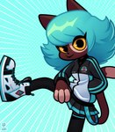 anthro black_eyes blue_hair bottomwear brown_body brown_fur clothing female footwear fur hair jacket shoes skirt sneakers solo streetwear thigh_high_stockings topwear y2k_(graphic_design) yellow_sclera wazzaldorp billie_(wazzaldorp) domestic_cat felid feline felis mammal 2024 absurd_res hi_res