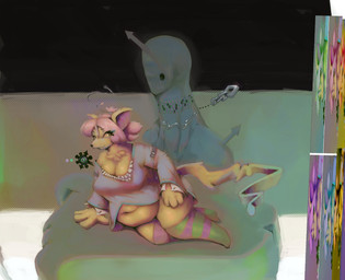 ambiguous_gender anthro belly big_breasts breasts chain clothing duo eyeshadow female knee_highs legwear long_sleeves makeup navel overweight simple_background tail unusual_anatomy unusual_tail rosiamn alien alien_humanoid dasyurid dasyuromorph humanoid mammal marsupial absurd_res hi_res
