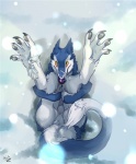 anthro anus biped bird's-eye_view bodily_fluids claws cum cum_on_face cum_on_feet cum_on_tail dragonasis feet foot_focus genital_fluids high-angle_view looking_at_viewer lying male mammal markus_(dowantanaccount) on_back outside paws presenting presenting_anus sergal signature snow solo tail tongue yellow_eyes