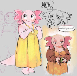anthro barefoot clothed clothing dialogue dress feet female jacket money orange_clothing orange_dress pink_body smile solo speech_bubble tail text topwear wallet whimper yellow_clothing yellow_dress kint normalsville esme_(normalsville) amphibian aquatic axolotl mole_salamander salamander colored translated