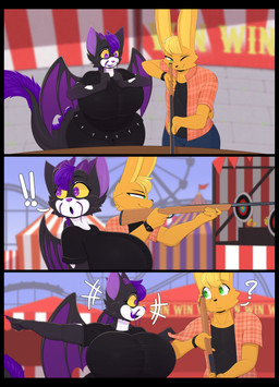 animal_ears anthro big_breasts biped black_body blonde_hair bottomwear breasts clothed clothing duo female fur green_eyes gun hair holding_object holding_weapon huge_breasts male membrane_(anatomy) membranous_wings multicolored_body orange_body pupils purple_eyes purple_hair question_mark ranged_weapon tail thick_thighs topwear weapon white_body wings yellow_sclera coffilatte domestic_cat felid feline felis hybrid lagomorph leporid mammal rabbit absurd_res comic hi_res