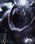 armor assault_rifle blue_eyes cybernetic_eye cybernetic_face cybernetics glowing glowing_armor glowing_eyes gun hood looking_at_viewer machine male ranged_weapon rifle solo standing weapon zombie_maykr bioware electronic_arts mass_effect saren_arterius alien turian hi_res