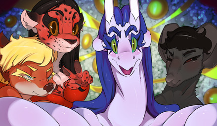 anthro black_hair blonde_hair blue_eyes blue_hair female fur gesture green_eyes grey_body grey_fur group hair hand_gesture holidays looking_at_viewer male narrowed_eyes orange_body orange_eyes orange_fur red_body red_fur selfie squint v_sign bisamon mythology new_year bisamon_(oc) croqs_(character) canid canine dragon felid fox jaguar leopard mammal murid murine mythological_creature mythological_scalie pantherine rat rodent scalie 2023 absurd_res digital_media_(artwork) hi_res