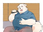 4_fingers anthro belly big_belly black_nose bottomwear clothing electronics eyes_closed fingers kemono male microphone open_mouth overweight overweight_male pants shirt singing solo topwear inunoshippo canid canine canis domestic_dog mammal 2024 4:3 hi_res