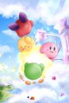 >_< blue_eyes blush cloud detailed_background eyes_closed gate grass green_body group mountain open_mouth open_smile pink_body plant red_body sky smile sparkles star toony tree water yellow_body alcyone kirby_(series) nintendo kirby 2017