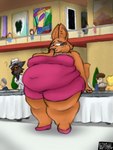 anthro belly big_belly big_breasts black_eyes breasts brown_body clothed clothing detailed_background dress facial_hair female food fur gem glass hat headgear headwear huge_belly huge_breasts huge_thighs jewelry looking_aside muffin mustache narrowed_eyes necklace obese obese_anthro obese_female orange_body orange_fur orange_tail overweight overweight_anthro overweight_female pearl_(gem) pearl_necklace pink_clothing pink_dress pink_nose seductive smile solo tail thick_thighs white_clothing white_hat white_headwear kotbmewke dreamworks the_bad_guys diane_foxington mr._wolf_(the_bad_guys) canid canine fox mammal 2025 artist_name digital_drawing_(artwork) digital_media_(artwork) hi_res