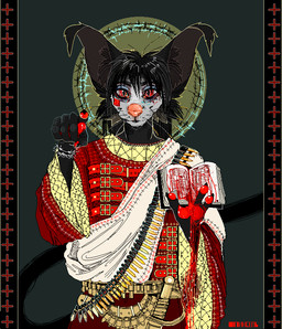 anthro bandolier bed_sheet bedding big_ears black_body black_fur black_hair blood bodily_fluids book buckle bullet claws clothed clothing fur gesture hair hand_gesture long_ears male melee_weapon pawpads pink_nose pointing red_clothing red_eyes red_pawpads religion restraints solo straitjacket sword topwear vest weapon whiskers white_face jeffusherb pascal_(jeffusherb) domestic_cat felid feline felis inanimate_object mammal 2021 digital_media_(artwork) digital_painting_(artwork) painting_(artwork) signature