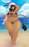 5_toes beach belly big_breasts bikini black_hair bodily_fluids breasts cleavage clothed clothing cloud curvy_figure dark_body dark_skin detailed_background feet female hair hat headgear headwear long_hair navel open_mouth outside overweight overweight_female overweight_humanoid sand sea seaside side_boob skimpy sky smile solo sweat swimwear tail tail_tuft thick_thighs toes towel tuft two-piece_swimsuit under_boob voluptuous water wide_hips eikasianspire mocha_(eikasianspire) animal_humanoid bovid bovid_humanoid bovine bovine_humanoid cattle_humanoid humanoid mammal mammal_humanoid 2015 hi_res