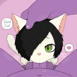 age_difference anthro ball_fondling balls between_legs big_penis black_hair blush deep_throat duo eyeliner fondling genitals green_eyes hair hand_on_head heart_eyes heart_symbol looking_at_viewer makeup male male/male oral oral_penetration penetration penis pink_nose purple_body short_hair size_difference tail tail_motion tailwag tan_body young young_male y0dare felid feline mammal 1:1