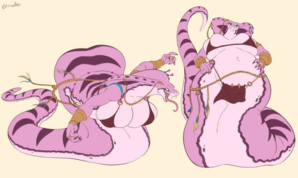 action_pose anthro apode armor attack belly big_breasts bottomwear bra bracers breasts bulging_breasts claws clothed clothing fangs female furgonomic_piercing furgonomics hands_on_hips huge_breasts huge_hips leaning leaning_forward legless loincloth long_tail looking_at_viewer low-angle_view multiple_poses overweight overweight_female piercing pose serpentine skimpy snake_hood solo striped_body stripes tail teeth thick_tail underwear wide_hips goolee yesenia_(character) cobra draconcopode naga reptile scalie snake 5:3 digital_media_(artwork) hi_res