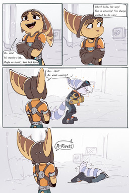 anthro boots clothing dialogue eyewear eyewear_on_head female fluffy fluffy_tail footwear fur gloves goggles goggles_on_head handwear male markings mousing outside ring_(marking) ringed_tail scarf shoes snow striped_markings striped_tail stripes tail tail_markings tail_motion tailwag text white_body white_fur time_fluffy500 ratchet_and_clank sony_corporation sony_interactive_entertainment ratchet_(ratchet_and_clank) rivet_(ratchet_and_clank) lombax mammal absurd_res comic english_text hi_res