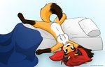 anthro bed blep blue_eyes breasts brown_body brown_fur chest_tuft countershade_torso countershading dipstick_tail featureless_breasts female fur furniture hair looking_at_viewer lying lying_on_bed markings on_back on_bed orange_body orange_fur red_hair silly smile smiling_at_viewer solo tail tail_markings tongue tongue_out tuft upside_down white_body white_fur jknewlife sara_aria canid canine fox mammal absurd_res hi_res