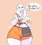 anthro blush bottomwear breasts cleavage clothed clothing crotch_lines curvy_figure dialogue dual_holding eyebrows female fur hip_dips holding_note_pad holding_object holding_pencil holding_writing_utensil hotpants huge_hips huge_thighs looking_at_viewer mature_anthro mature_female note_pad notebook o-ring orange_bottomwear orange_clothing orange_shorts pencil_(object) raised_eyebrow ring_(hardware) satchel shirt shorts simple_background slightly_chubby smile solo taking_order tank_top text text_on_clothing text_on_shirt text_on_tank_top text_on_topwear thick_thighs topwear uniform voluptuous white_body white_clothing white_fur white_shirt white_topwear wide_hipped_female wide_hips writing_utensil cumbread hooters undertale undertale_(series) toriel bovid caprine goat mammal english_text engrish hi_res