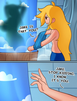bathing dialogue duo female male mistaken_identity nude shower shower_curtain showering silhouette steam text washing_hair idler_r adventure_time cartoon_network finn_the_human huntress_wizard elemental_creature elemental_humanoid human humanoid mammal comic english_text hi_res