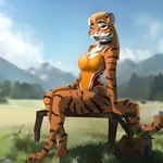 4_toes anthro bench breasts clothed clothing collar ear_piercing ear_ring feet female fingers fur grass hair looking_at_viewer one-piece_swimsuit open_mouth outside piercing plant ring_piercing sitting smile solo stripes swimwear tail teeth toes tree el-gallo felid mammal pantherine tiger 1:1 digital_media_(artwork) hi_res