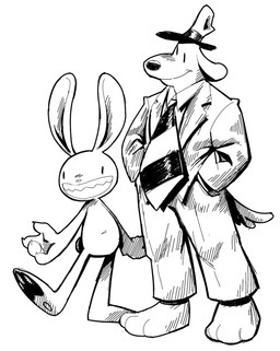 3_toes 4_fingers accessory anthro barefoot bottomwear claws clothing duo feet fingers hat headgear headwear long_ears male male/male necktie nude nude_anthro pants pawpads paws plantigrade sharp_teeth smile soles standing suit tail teeth toes bunnybuttz sam_and_max max_(sam_and_max) samuel_dog canid canine canis domestic_dog lagomorph leporid mammal rabbit hi_res monochrome