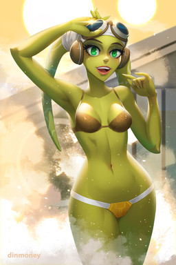 bikini breasts clothing eyebrows eyelashes eyewear eyewear_on_head female glistening glistening_breasts goggles goggles_on_head green_body green_eyes green_skin lekku_(anatomy) lips looking_at_viewer navel not_furry open_mouth smooth_skin solo sun swimwear two-piece_swimsuit dinmoney star_wars star_wars_rebels hera_syndulla alien alien_humanoid humanoid twi'lek 2022 2:3 absurd_res hi_res portrait three-quarter_portrait