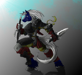 armor bandage barbarian dagger female grey_hair hair holding_object holding_weapon leather medieval melee_weapon running smile solo tail weapon feltail_(artist) grevan miaka equid mammal digital_media_(artwork)