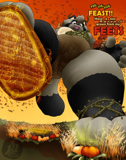 anthro autumn clothed clothing extreme_size_difference feet first_person_view food foot_fetish foot_focus fruit harvest highlights_(coloring) improvised_clothing landscape_dwarfing larger_male laurel_wreath leaf leaf_clothing looming looming_foot looming_over low-angle_view macro magic male overweight overweight_male plant potato_sack pumpkin size_difference smile solo squash_(fruit) stomping tail text tree underwear vines wheat worm's-eye_view fujiyama_samoyed mitch_(mitchtanuki) canid canine mammal raccoon_dog tanuki absurd_res digital_media_(artwork) english_text hi_res shaded soft_shading watermark