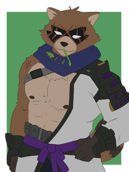anthro blind brown_body brown_fur disability eye_scar facial_scar fur male muscular muscular_anthro muscular_male scar shoulder_scar solo standing white_eyes nicob04 epic_games fortnite hajime_(fortnite) canid canine mammal raccoon_dog tanuki 3:4 absurd_res hi_res