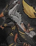 anthro balls black_body black_fur bodily_fluids breath cum ejaculation erection fur genital_fluids genitals grey_body grey_fur hair male masturbation nude penile penile_masturbation penis solo tail tongue tongue_out mlw_(artist) kronas mammal sergal absurd_res hi_res