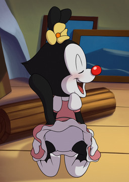 anthro black_body black_fur blush bottomwear butt clothed clothing dress female flower flower_accessory fur gloves handwear loli open_mouth panties plant red_nose scene_interpretation shaking_butt solo tail underwear upskirt white_body white_clothing white_fur white_panties white_underwear young young_anthro young_female minum animaniacs warner_brothers dot_warner inkblot absurd_res hi_res