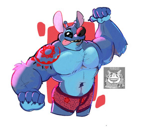 5_fingers antennae_(anatomy) anthro anthrofied black_eyes blue_body blue_fur claws clothed clothing fingers fur gesture hand_gesture humanoid_hands looking_at_viewer male muscular muscular_anthro muscular_male navel notched_ear pecs pointing pointing_at_self simple_background smile solo swimming_trunks swimwear tattoo tongue tongue_out topless furgustoni disney lilo_and_stitch stitch_(lilo_and_stitch) alien experiment_(lilo_and_stitch) 2021 watermark