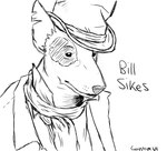 2010 alternate_species anthro beady_eyes bill_sikes black_and_white black_nose bull_terrier canid canine canis character_name clothed clothing digital_drawing_(artwork) digital_media_(artwork) domestic_dog english_text fur furrification graystripe64 hat headgear headwear hunting_dog line_art male mammal monochrome notched_ear oliver_twist_(book) simple_background solo terrier text topwear white_background