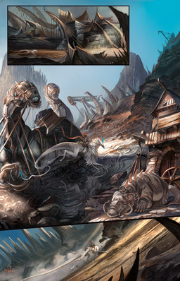 anthro blue_horn blue_sky building female feral group hair horn long_horn long_tail machine mount outside red_hair reins rider running saddle saddle_bag settlement sitting sitting_on_another sky tail white_tail alectorfencer myre mythology myre_(alectorfencer) varug canid canine canis coyote dragon mammal mythological_creature mythological_scalie scalie unknown_species wingless_dragon comic hi_res