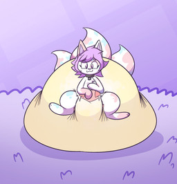 3_tails 3_toes ambiguous_gender big_diaper black_collar blue_spots bodily_fluids chest_tuft clothed clothing collar collar_tag diaper featureless_hands feet feral front_view fur genital_fluids hair huge_diaper looking_at_viewer markings multi_tail pink_spots purple_background purple_hair purple_inner_ear purple_nose simple_background sitting smile solo spots spotted_body spotted_fur spotted_markings spotted_tail tail tail_markings toes tuft unclean_diaper urine used_diaper wearing_diaper wet_diaper white_body white_fur white_tail dummydoodles kaycee_(squishykaycee) domestic_cat felid feline felis mammal hi_res nonbinary_(lore)