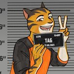 anthro happy male mugshot finateh barbie_and_ken_mugshot_meme rimba_racer tag_(rimba_racer) felid mammal pantherine tiger hi_res