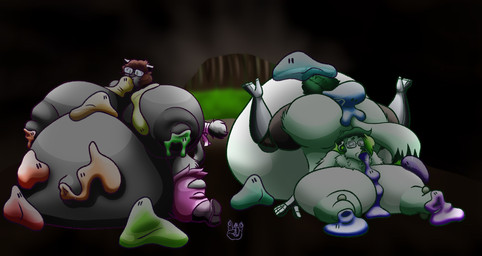 anthro big_breasts big_butt boots breasts bubble_butt butt cleavage clothed clothing duo eyewear female female/female footwear glasses green_body grey_body high_heeled_boots high_heels huge_breasts huge_butt inflation nipples nude shoes slime_inflation thick_thighs torn_clothing weight_gain wide_hips sammyc96 aaryn_(sammyc96) ribbons_(bradythewwefan) domestic_cat felid feline felis goo_creature mammal hi_res