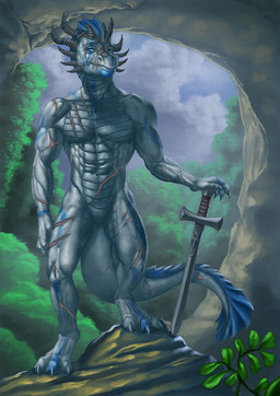 anthro claws digitigrade horn male markings melee_weapon scar solo sword tail thick_tail weapon conditional_dnp inert-ren mythology dragon lizard mythological_creature mythological_scalie reptile scalie