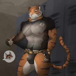 anthro barazoku barbell_piercing big_muscles big_pecs black_clothing black_shirt black_topwear black_underwear bulge clothing eye_scar facial_scar fur gloves handwear jockstrap locker looking_at_viewer male meander muscular muscular_male nipple_barbell nipple_piercing nipples orange_body orange_fur pecs piercing pink_nose pulling_shirt question_mark scar shirt solo striped_body stripes t-shirt topwear translucent translucent_clothing underwear yellow_eyes yannirosegold epic_games fortnite see-through_shirt_meme oscar_(fortnite) wendell_(fortnite) felid mammal pantherine tiger 1:1 absurd_res hi_res meme