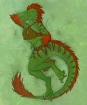 anthro bottomwear breasts claws cleavage clothed clothing feathers female green_body green_scales hair loincloth looking_at_viewer lying non-mammal_breasts on_side pose red_hair scales smile solo stripes tail tail_tuft toe_claws tuft yellow_eyes inkmaven uthalla dinosaur dromaeosaurid prehistoric_species reptile scalie theropod velociraptor hi_res pinup