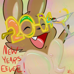 alcohol ambiguous_gender beverage black_nose brown_body brown_fur clothing cocktail cocktail_garnish eyes_closed eyewear feral food fruit fur glass glasses hair holding_glass holding_object martini olive_(fruit) open_mouth party pawpads paws plant simple_background smile solo sparkles teeth text tongue backsash nintendo pokemon canid canine eevee generation_1_pokemon mammal pokemon_(species) 1:1 2014 english_text hi_res