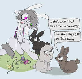 alternative_fashion ambiguous_gender bunny_costume clothing costume dialogue eyeliner feral flower group makeup plant scene_(fashion) sparklefur species_in_dialogue text therianthropy lilstarlite canid canine canis domestic_rabbit lagomorph leporid mammal oryctolagus rabbit wolf english_text hi_res