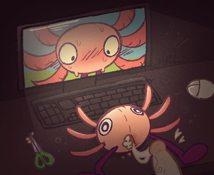 anthro being_watched blush bodily_fluids computer_keyboard computer_monitor computer_screen cum cum_in_plushie desk duo erection flustered furniture genital_fluids genitals humanoid_genitalia humanoid_penis leaking_cum looking_at_another male penis plush_stuffing plushie plushie_gore plushie_penetrated plushophilia screen sweat sweating_profusely table voyeur notreallylemonade kinitopet kinito amphibian aquatic axolotl human inanimate_object mammal mole_salamander salamander waddling_head