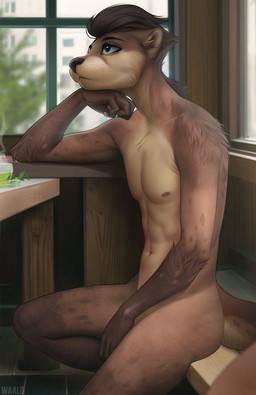 anthro beverage brown_body brown_fur casual_nudity container convenient_censorship cup fur glass glass_container hair male navel nipples nude sitting solo tail seanwaald mammal mustelid otter digital_media_(artwork)
