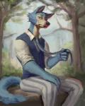 anthro biped black_nose blood bodily_fluids bottomwear cheek_tuft claws clothed clothing detailed_background facial_tuft fluffy fluffy_tail fully_clothed light looking_at_viewer male necktie outside pants plant shirt sitting solo tail topwear tree tuft cjayce beastars legoshi_(beastars) canid canine canis mammal wolf 2019 absurd_res detailed hi_res lighting