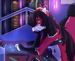 absurd_res android anthro ara_(fluff-kevlar) blue_eyes bra breasts clothing detailed_background drawing drawing_tablet felid feline female fur glowing glowing_eyes hair hi_res lo-fi_hip_hop_study_mix lofi_girl long_hair looking_down machine mammal mrgolla raining red_body red_fur robot robot_anthro science_fiction screwdriver skyline smile solo tablet_pen tools under_boob underwear white_body white_fur window