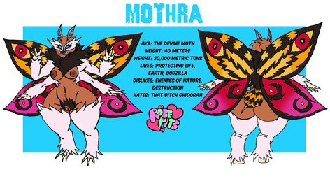 antennae_(anatomy) anthro big_butt blue_eyes breasts brown_body brown_nipples butt female fur genitals multi_arm multi_limb nipples profanity pubes solo text vulva white_body white_fur wings rosepits godzilla_(series) mothra_(series) toho mothra arthropod insect kaiju lepidopteran moth english_text hi_res model_sheet