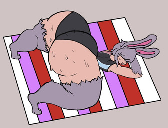 big_butt bodily_fluids butt clothing grey_hair hair huge_butt open_mouth solo sweat thick_thighs wide_hips phusionzero phusion animal_humanoid humanoid lagomorph lagomorph_humanoid leporid_humanoid mammal mammal_humanoid rabbit_humanoid source_request