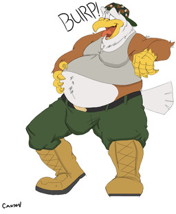 4_fingers anthro beak belly belly_hair belt biceps big_belly big_bulge biped black_eyebrows black_eyes body_hair boots bottomwear brown_body brown_feathers bulge burping camo camo_clothing camo_hat camo_headgear camo_headwear camo_print cargo_pants claws clothed clothing eyebrows feathers finger_claws fingers footwear front_view fully_clothed green_bottomwear green_clothing green_pants grey_clothing grey_shirt grey_tank_top grey_topwear hand_on_belly hat headgear headwear holding_belly male moobs multicolored_body multicolored_feathers musclegut muscular muscular_anthro muscular_male navel obese obese_anthro obese_male onomatopoeia open_beak open_mouth open_smile overweight overweight_anthro overweight_male pants pattern_clothing pattern_hat pattern_headgear pattern_headwear pink_tongue shirt shoes simple_background smile solo sound_effects standing tail tail_feathers tank_top teeth text tongue topwear two_tone_body two_tone_feathers uvula white_background white_body white_feathers white_tail yellow_beak yellow_claws canson zeke_(zikschive) accipitrid accipitriform avian bald_eagle bird eagle sea_eagle 2015 digital_media_(artwork) shaded signature