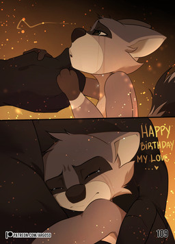anthro biped black_body black_fur black_nose bodily_fluids breasts crying dialogue duo female fur green_eyes grey_body grey_fur happy_birthday hug interspecies interspecies_romance larger_male male male/female muscular muscular_anthro muscular_male nude nude_anthro nude_female pupils romantic romantic_ambiance romantic_couple size_difference smaller_female tears tears_of_joy text argosornstein ann_coon_(hgoldenbell) hercules_(argosornstein) bovid bovine cattle mammal procyonid raccoon absurd_res comic english_text hi_res