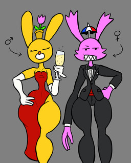 anthro armwear black_tie_(suit) cheek_tuft clothed clothing crossdressing dress duo elbow_gloves evening_gown eyelashes facial_tuft fangs female femboy fur gender_symbol gloves grey_background hand_on_hip handwear holding_champagne_glass male noseless orange_nose pink_body pink_fur plant_pot red_clothing red_dress simple_background small_waist suit symbol teeth thick_thighs tuft umbrella white_clothing white_gloves white_handwear wide_hips yellow_body yellow_fur thatdawgmurray fromsoftware the_adventures_of_cookie_and_cream cookie_(the_adventures_of_cookie_and_cream) cream_(the_adventures_of_cookie_and_cream) lagomorph leporid mammal rabbit hi_res sketch