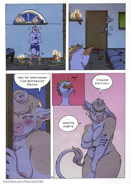 5_fingers anthro bed bedroom blush bodily_fluids boxers_(clothing) breasts candle candlelight clothed clothed/nude clothed_anthro clothed_male clothing dialogue door duo feathers female fingers fur furniture holding_object humanoid_hands interspecies light male male/female navel nervous night nude nude_anthro nude_female page_number petals rose_petals shy smile speech_bubble standing sweat tail tan_body tan_fur text topless topless_anthro topless_male underwear walking white_body white_feathers kantachibli clover_(kantachibli) phillip_(kantachibli) avian bird bovid bovine cattle heron mammal pelecaniform comic english_text hi_res url